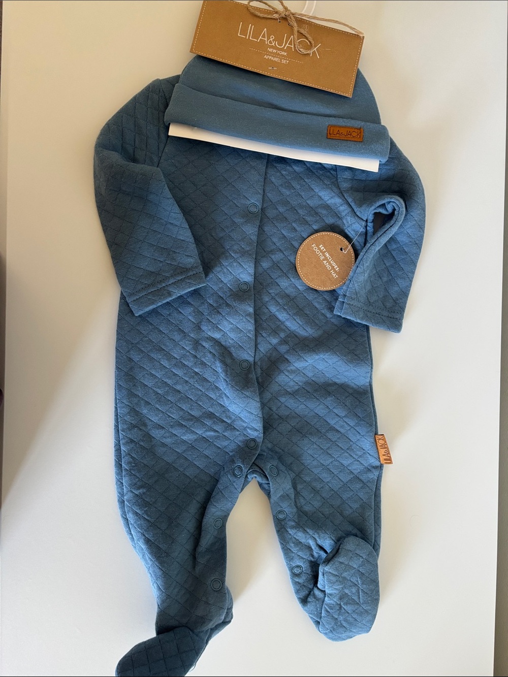 Lila & Jack Quilted Blue Baby One-Piece with Hat
